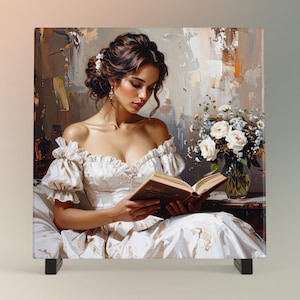 Woman Reading Ceramic Tile Victorian Art, Vintage Look Home Decor, Reading Room, Antique Art, Portrait, Book Lovers Art