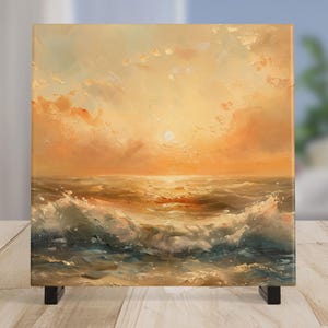 Ocean Waves Sunset Ceramic Tile Art, Beautiful Abstract Art, Serene Display and Home Decor for Small Spaces
