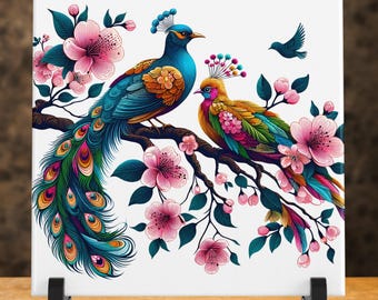 Colorful Birds Ceramic Art Tile: Whimsical Wildlife Wall Decor