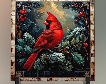 Red Cardinal Ceramic Art Tile, William Morris Style, Nature Decor