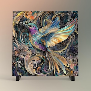 May include: A colorful hummingbird with iridescent blue, purple, and gold wings flies against a dark background of intricate floral patterns. The hummingbird is depicted in a stylized, almost stained glass-like design.