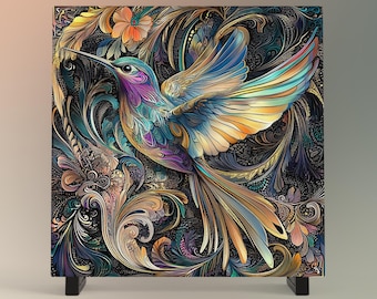 Hummingbird Art Nouveau Ceramic Tile, Nature Decor
