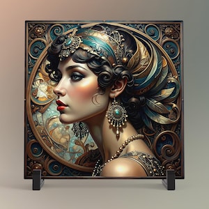 May include: A square art print featuring a woman in profile, adorned with a teal and gold headdress and jewelry. The artwork has a vintage, Art Deco style, with intricate details and a decorative border. The woman has red lipstick and a fair complexion.