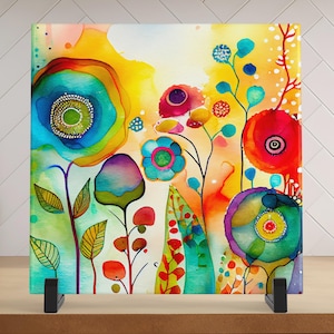 Watercolor Flowers Ceramic Tile Art – Whimsical Floral Decor