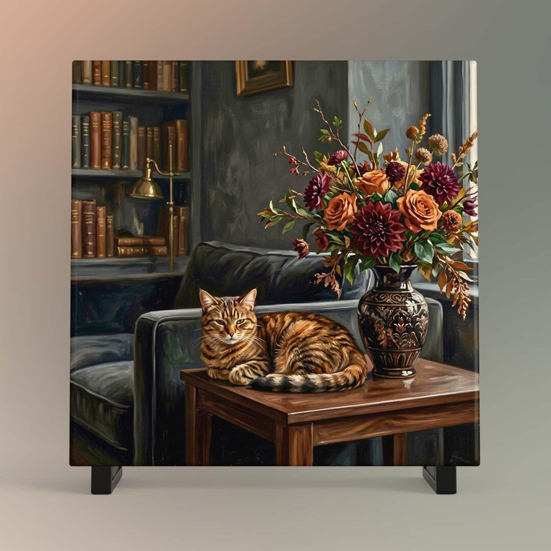Moody Cat Wall Art Ceramic Tile, Bookish Dark Academia Home Decor - Etsy