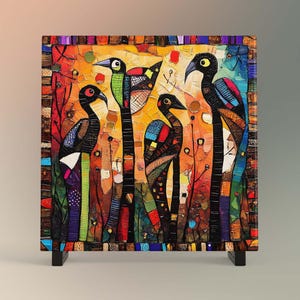 Whimsical Birds Ceramic Tile, Folk Art Wildlife Artwork Home Decor, Ethnic Aesthetic Spring Decor