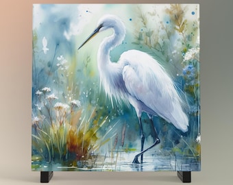Watercolor Egret Art Tile II, Marshland Landscape, Elegant Bird Wall Art, Minimalist Wildlife Painting