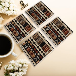 African Mudcloth Inspired Coasters | Afrocentric Coaster Set for Entertaining | African Home Decor | Cultural Home Accents