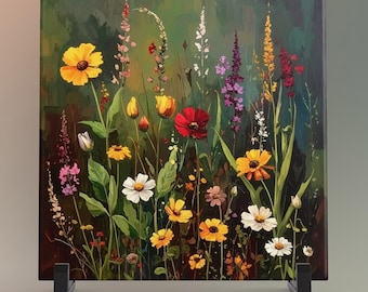 May include: A square canvas print featuring a vibrant floral painting. The artwork showcases a variety of wildflowers in shades of yellow, red, white, and purple against a dark green background. The print is displayed on a black stand.