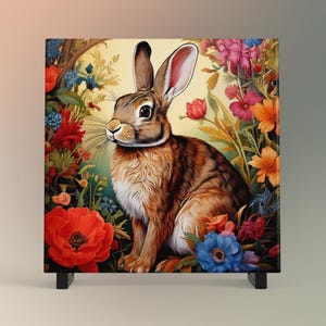 William Morris Inspired Rabbit Ceramic Tile, Art Nouveau Bunny Wall Decor, Floral Trivet for Kitchen, Nature Lovers Spring Summer Plaque
