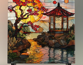 Japanese Garden Ceramic Tile, Stained Glass Style Wall Art