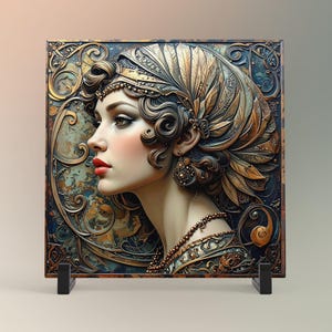 Art Deco Art Tile, Vintage Bronze 1930s Woman, Elegant Wall Decor for Art Nouveau Style, Retro Home Accents
