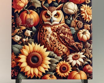 Owl Folk Art Ceramic Tile - William Morris Inspired Nature Decor - Artisan Home Wall Plaques