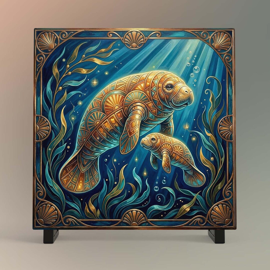 Manatee Tile Manatee Coastal Wall Art – Art Deco Ceramic Tile for Beach Home Decor ...