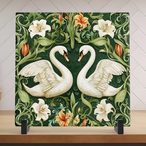 Art Nouveau White Swans Ceramic Art Tile, Decorative Tile Inspired by William Morris, Unique Home Decor