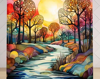 Watercolor Countryside Ceramic Tile – Serene Nature Gallery Wall Art