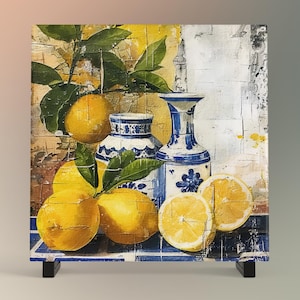 Mediterranean Lemons Ceramic Tile Art, Blue Portuguese Tile Kitchen Decor