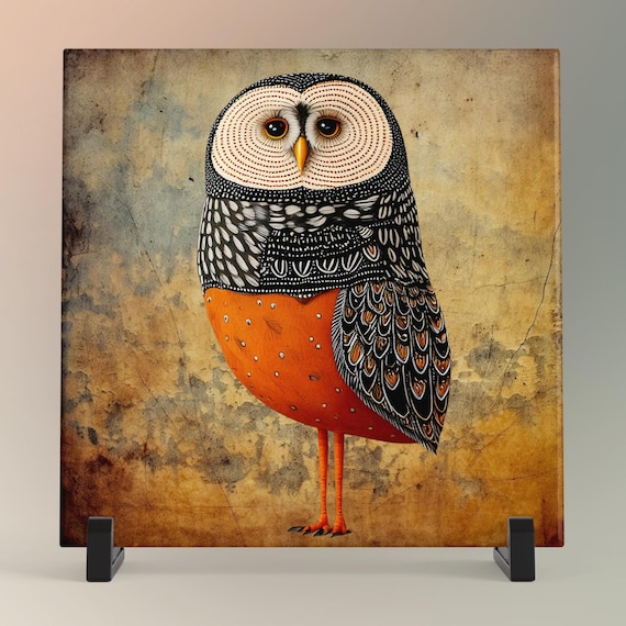 Whimsical Owl Folk Art Ceramic Tile – Nature Lover Wall Decor