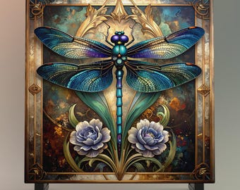Dragonfly Art Deco Ceramic Tile, Vintage Iridescent Art Nouveau Decor