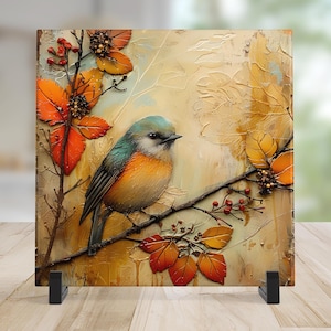 Whimsical Bird on a Branch Tile Art, Quirky Home Decor for Bird Enthusiasts, Ideal Nature-Inspired Gift, Fall Home Decor