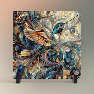 May include: A colorful hummingbird with blue, green, and brown feathers is depicted in a stained glass style with intricate floral patterns in shades of blue, gold, and brown.