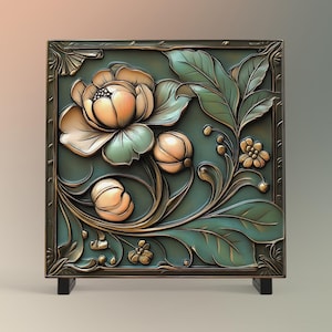 Floral Art Deco Ceramic Tile, Vintage Bronze Rose Flowers Art, Elegant Wall Decor for Art Nouveau Style, Retro Home Accents