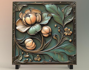 Floral Art Deco Ceramic Tile, Bronze Rose Art Nouveau Decor