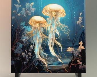 May include: Square art print featuring two glowing jellyfish with long, flowing tentacles. The jellyfish are a mix of gold and blue, set against a dark blue underwater scene with plants and a hint of light. The print is mounted on a black stand.