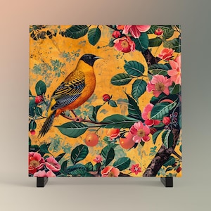 William Morris Inspired Bird Ceramic Tile | Art Nouveau Bird On a Branch | Vintage Wall Art | William Morris Nature Lovers Print