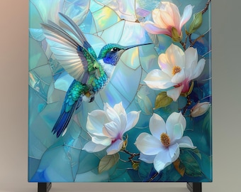 Hummingbird and Magnolia Flower Art Ceramic Tile, Stained Glass Look, Nature Wall Decor