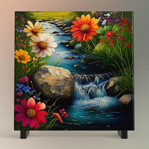 Colorful Wildflower Ceramic Tile, Tranquil Babbling Brook Nature Artwork, Great for Wall Art Display, Unique Gift for Garden Enthusiasts
