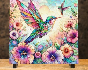 Art Deco Hummingbird Ceramic Tile: Vibrant Home Decor