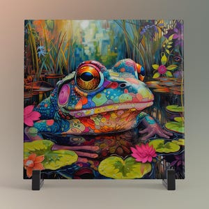May include: A vibrant, square artwork featuring a colorful frog in a pond. The frog has a detailed, multi-colored pattern. Pink and orange water lilies and green lily pads surround the frog. The background depicts a lush, colorful wetland scene.