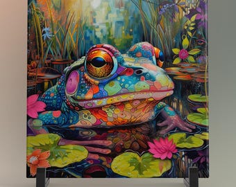 Whimsical Frog Ceramic Art Tile, Quirky Home Decor