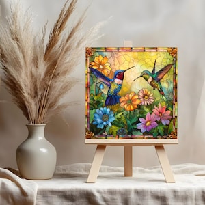 May include: A stained glass panel featuring two hummingbirds amidst colorful flowers. The artwork, set in a wooden frame, showcases vibrant blues, yellows, oranges, and pinks. The panel is displayed on a small wooden easel, creating a decorative accent.
