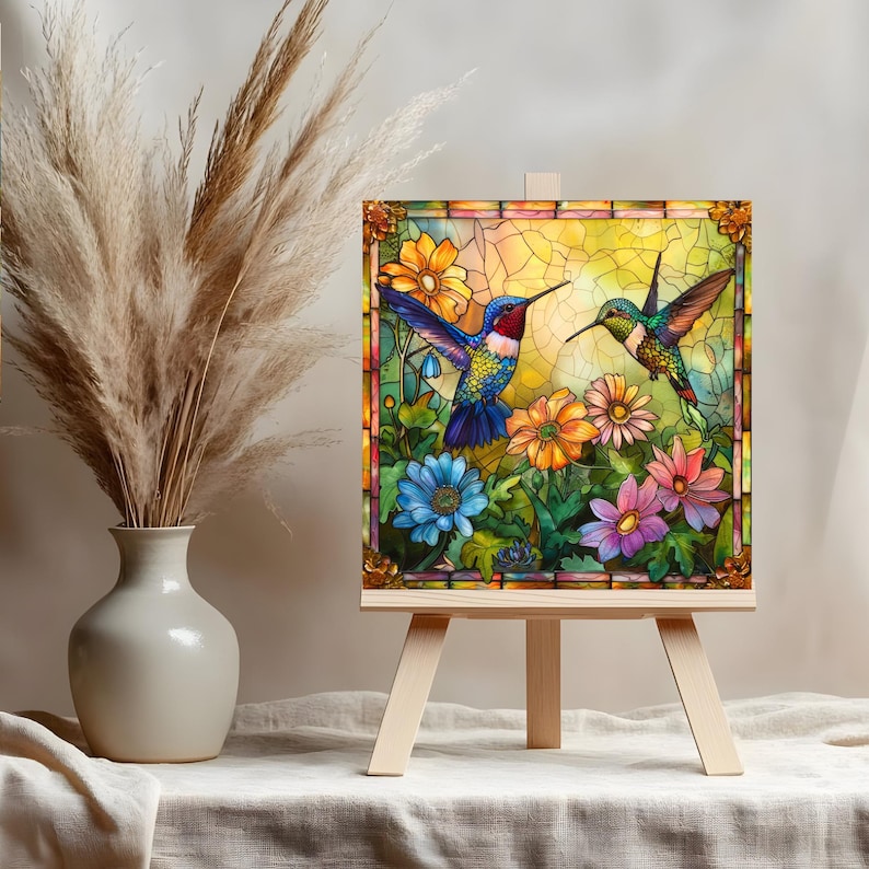 May include: A stained glass panel featuring two hummingbirds amidst colorful flowers. The artwork, set in a wooden frame, showcases vibrant blues, yellows, oranges, and pinks. The panel is displayed on a small wooden easel, creating a decorative accent.