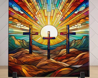 Christian Cross Ceramic Art Tile, Stained Glass Look Religious Decor, Vibrant Easter Art, He Is Risen - Wall Tiles