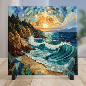 Coastal Waves Ceramic Wall Art Tile, Stained Glass Look Art, Beautiful Ocean View Tile for Artful Display and Home Decor for Small Spaces