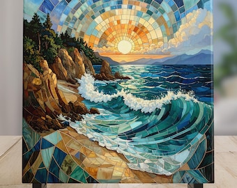 Coastal Waves Ceramic Tile Art, Stained Glass Ocean View