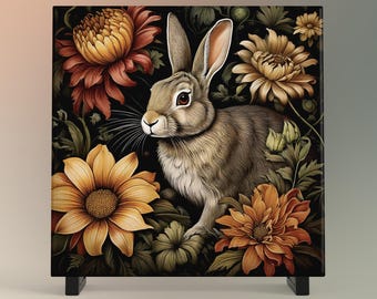 May include: A brown rabbit with long ears sits in a field of orange and yellow flowers. The flowers are in bloom and have a dark green background.