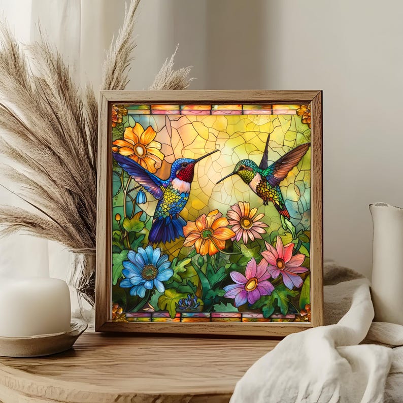 May include: A framed stained glass art piece featuring two hummingbirds with colorful plumage, set against a backdrop of vibrant flowers in shades of orange, blue, pink, and purple. The artwork is encased in a wooden frame.