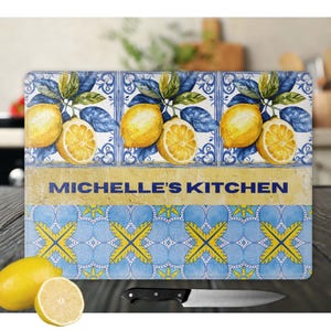 Personalized Glass Cutting Board - Mediterranean Style Tempered Glass Chopping Board for Cheese & Charcuterie, Functional Kitchen Lemon Art