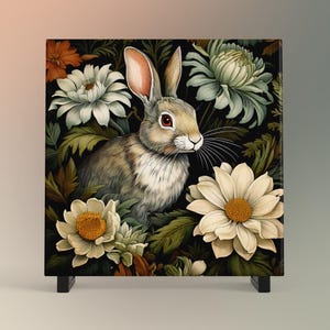 William Morris Inspired Rabbit Ceramic Tile, Art Nouveau Bunny Wall Decor, Floral Trivet for Kitchen, Nature Lovers Plaque