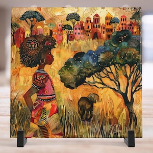 African Print Ceramic Art Tile - Stunning Minimalist African Print  - Decorative Wall Hanging - Black Art - Home Decor