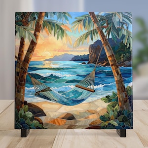 Coastal Waves Ceramic Wall Art Tile, Summer Breeze Stained Glass Look Art, Relaxing Ocean View Tile, Home Decor for Small Spaces