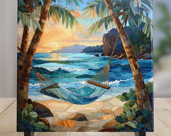 Coastal Waves Ceramic Tile Art, Stained Glass Look, Beach Home Decor
