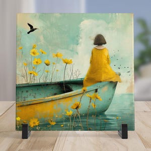Minimalist Coastal Ceramic Wall Art - Nautical Themed Art Tile - Woman in Deep Thought - Lake House Decor