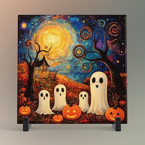 May include: A Halloween-themed square canvas print featuring a whimsical night scene. The artwork depicts a large yellow moon, a spooky house, ghosts, and carved pumpkins. The color palette includes orange, yellow, blue, and black.