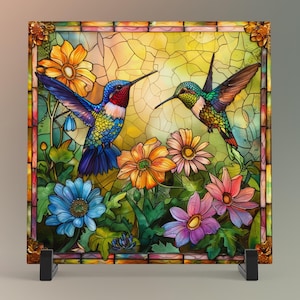 May include: A stained glass panel featuring two hummingbirds with colorful plumage, set against a backdrop of vibrant flowers in shades of blue, orange, and pink. The panel is framed with a decorative border and displayed on a black stand.