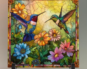 Hummingbird Art Ceramic Tile, Stained Glass Look, Nature Wall Decor